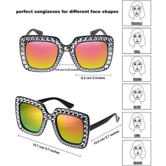 6 Pairs Crystal Oversized Square Sunglasses Diamond Glitter Sunglasses Retro - Picture 3 of 6